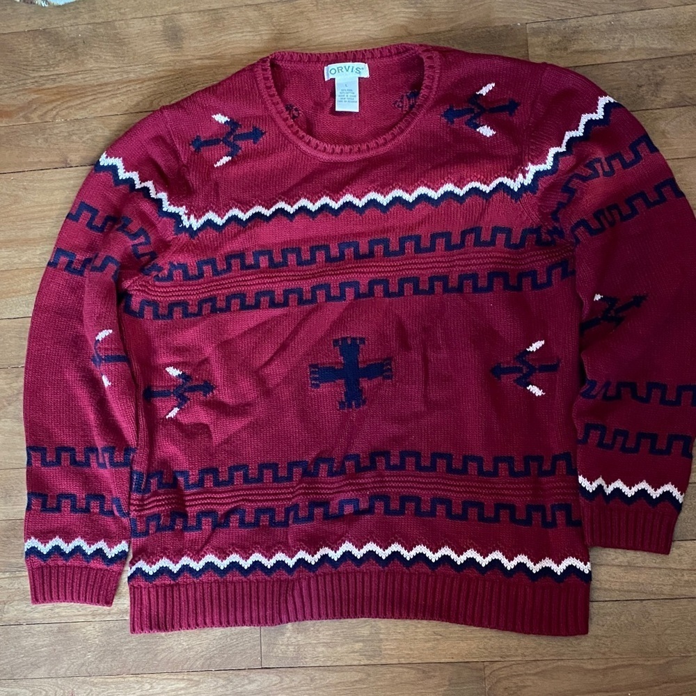 Orvis Red and Blue Geometric Crewneck Sweater